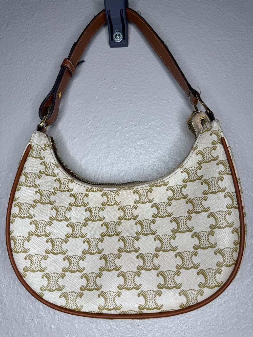 Celine Ava Triomphe Shoulder Bag White Coated Canvas with Tan Leather Trim